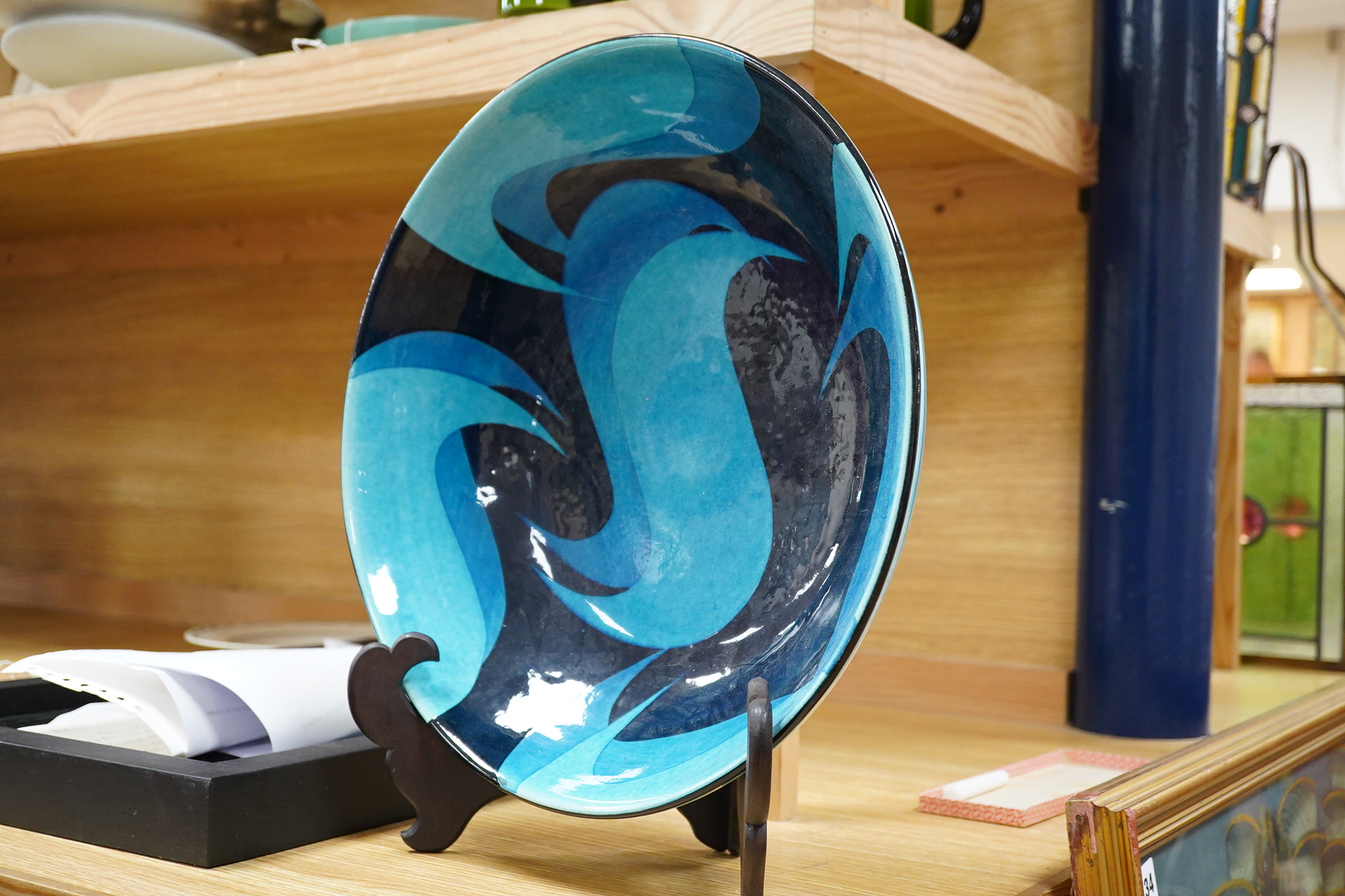 Jane Cox, (b.1962) 'Aquitaine' turquoise pottery dish, incised mark, 36cm in diameter